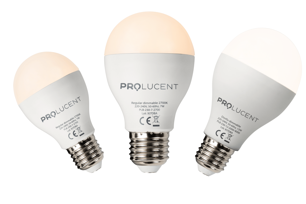 E27 LED Bulbs: 7 Watt & 12 Watt (warm white - 2700K) & 12 Watt DimTo (2000-4000K) 